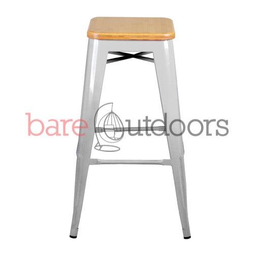 Replica Tolix Bar Stool 75cm - Timber Seat - Silver - Bare Outdoors