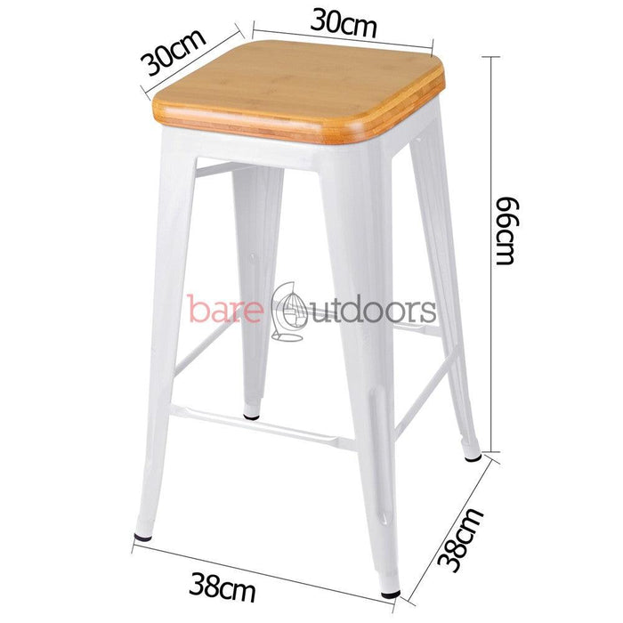 Set of 4 - Replica Tolix Bar Stool 65cm - Timber Seat - White - Bare Outdoors