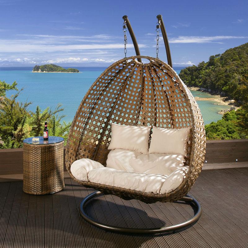 Double Seater Hanging Pod Chair - Brown Wicker with Light Tan Cushion - Bare Outdoors