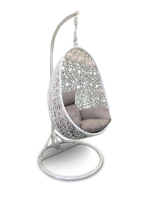 Cocoon Hanging Chair - White Pod Chair with Light Grey Cushion - Bare Outdoors