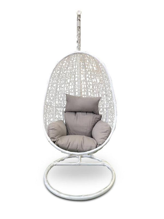 Cocoon Hanging Chair - White Pod Chair with Light Grey Cushion - Bare Outdoors