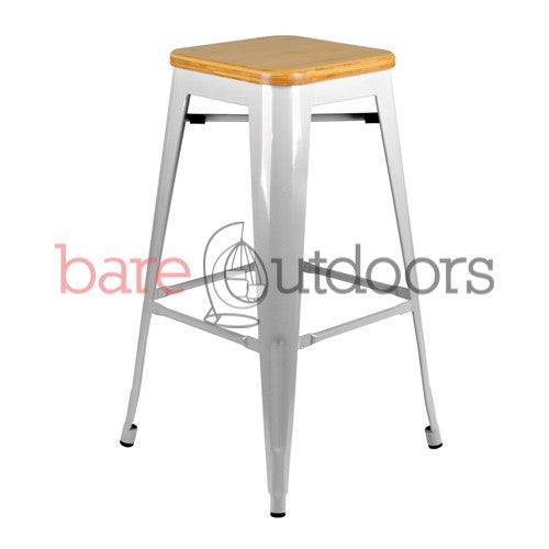 Replica Tolix Bar Stool 75cm - Timber Seat - Silver - Bare Outdoors