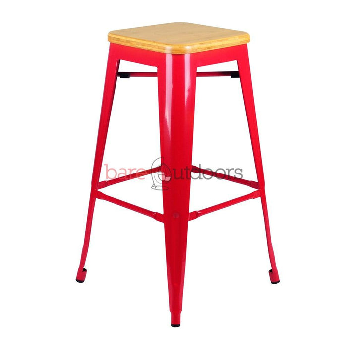 Replica Tolix Bar Stool 75cm - Timber Seat - Red - Bare Outdoors