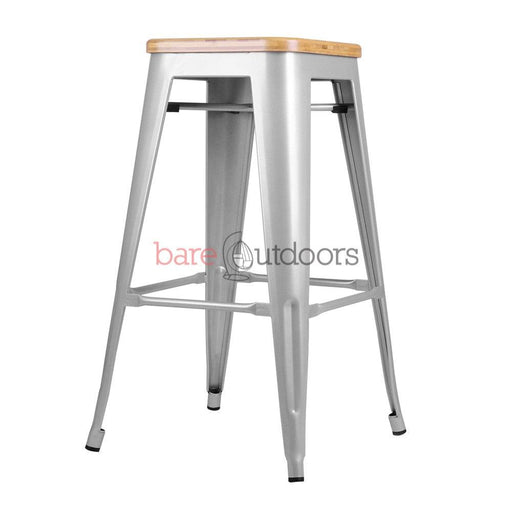 Replica Tolix Bar Stool 65cm - Timber Seat - Silver - Bare Outdoors