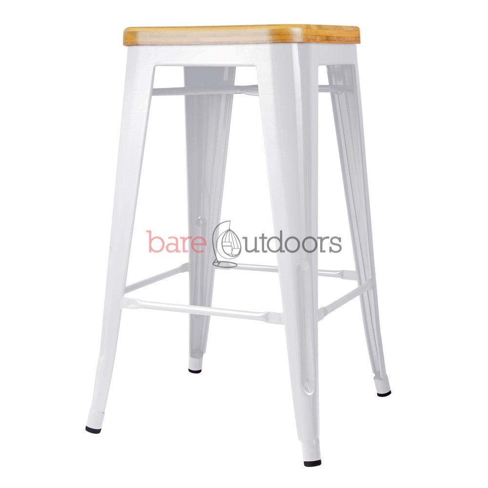 Replica Tolix Bar Stool 65cm - Timber Seat - White - Bare Outdoors