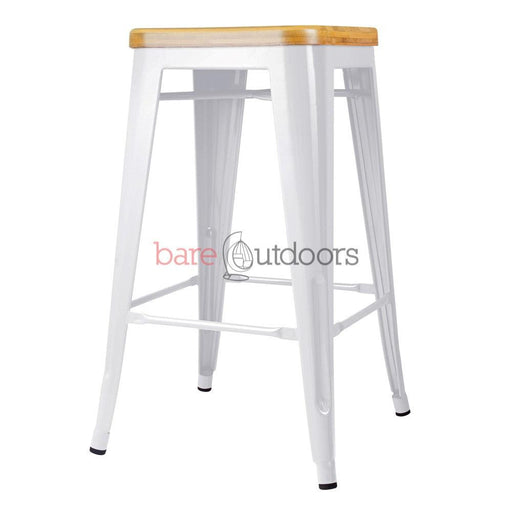 Replica Tolix Bar Stool 65cm - Timber Seat - White - Bare Outdoors