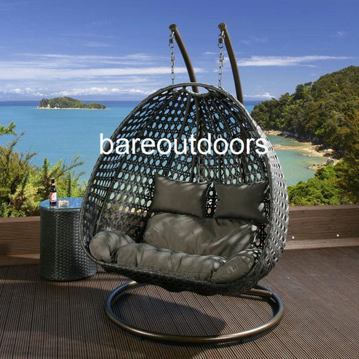 Double Seater Hanging Pod Chair - Black with Grey Cushions - Bare Outdoors