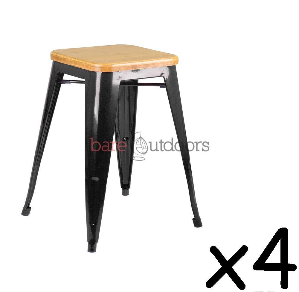 Set of 4 - Replica Tolix Bar Stool 45cm - Timber Seat - Black - Bare Outdoors
