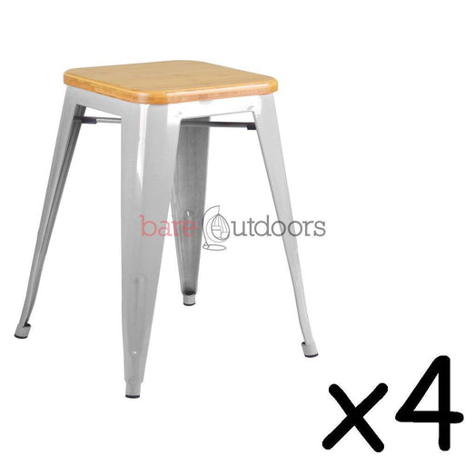 Set of 4 - Replica Tolix Bar Stool 45cm - Timber Seat - Galvanized - Bare Outdoors