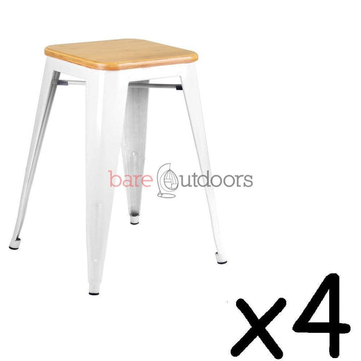 Set of 4 - Replica Tolix Bar Stool 45cm - Timber Seat - White - Bare Outdoors