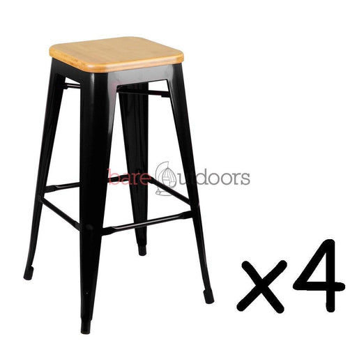 Set of 4 - Replica Tolix Bar Stool 65cm - Timber Seat - Black - Bare Outdoors