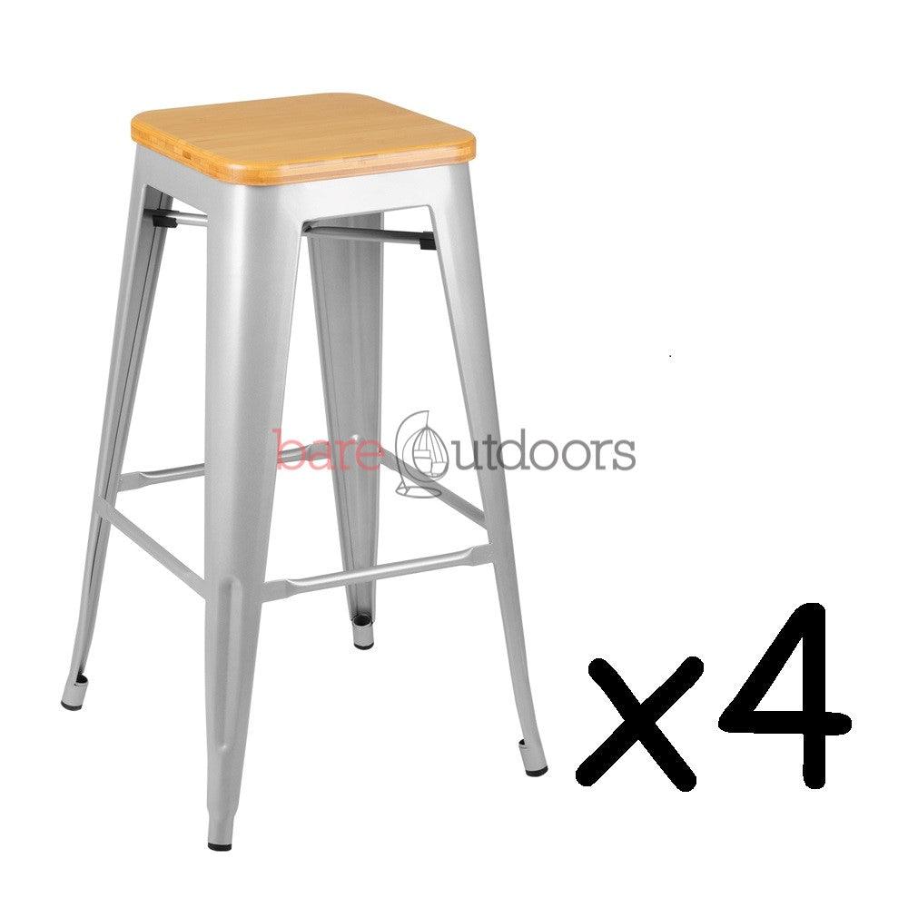 Set of 4 - Replica Tolix Bar Stool 65cm - Timber Seat - Silver - Bare Outdoors