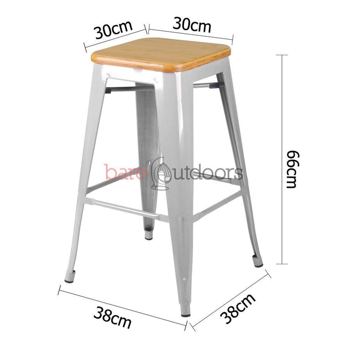 Set of 4 - Replica Tolix Bar Stool 65cm - Timber Seat - Silver - Bare Outdoors