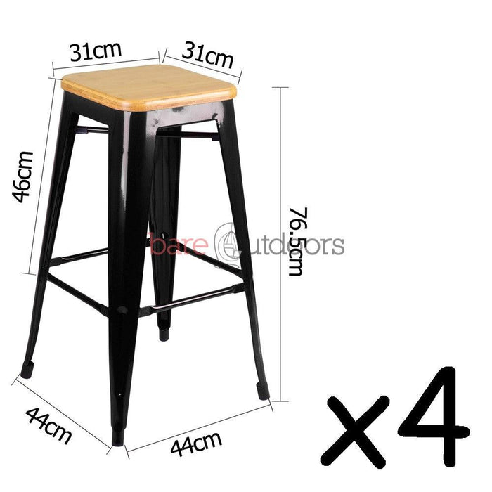 Set of 4 - Replica Tolix Bar Stool 75cm - Timber Seat - Black - Bare Outdoors