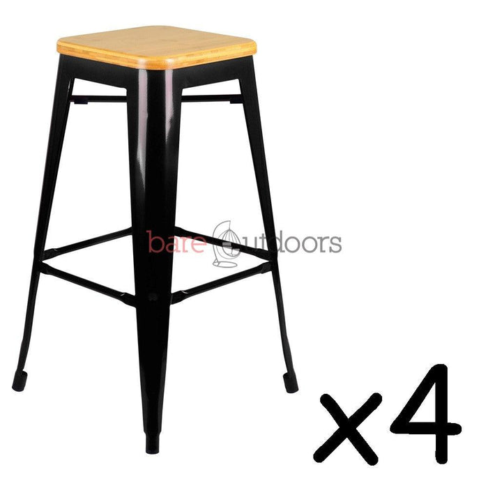 Set of 4 - Replica Tolix Bar Stool 75cm - Timber Seat - Black - Bare Outdoors