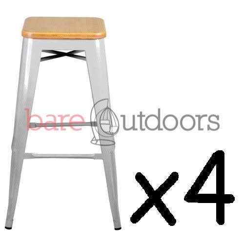 Set of 4 - Replica Tolix Bar Stool 75cm - Timber Seat - Silver - Bare Outdoors
